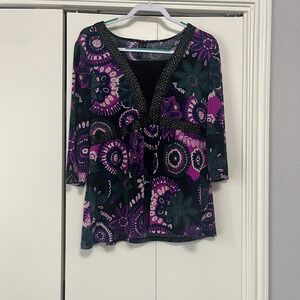 Susan Lawrence Woman Purple Floral Mandala Braided Trim Tunic Top 1X Made in USA